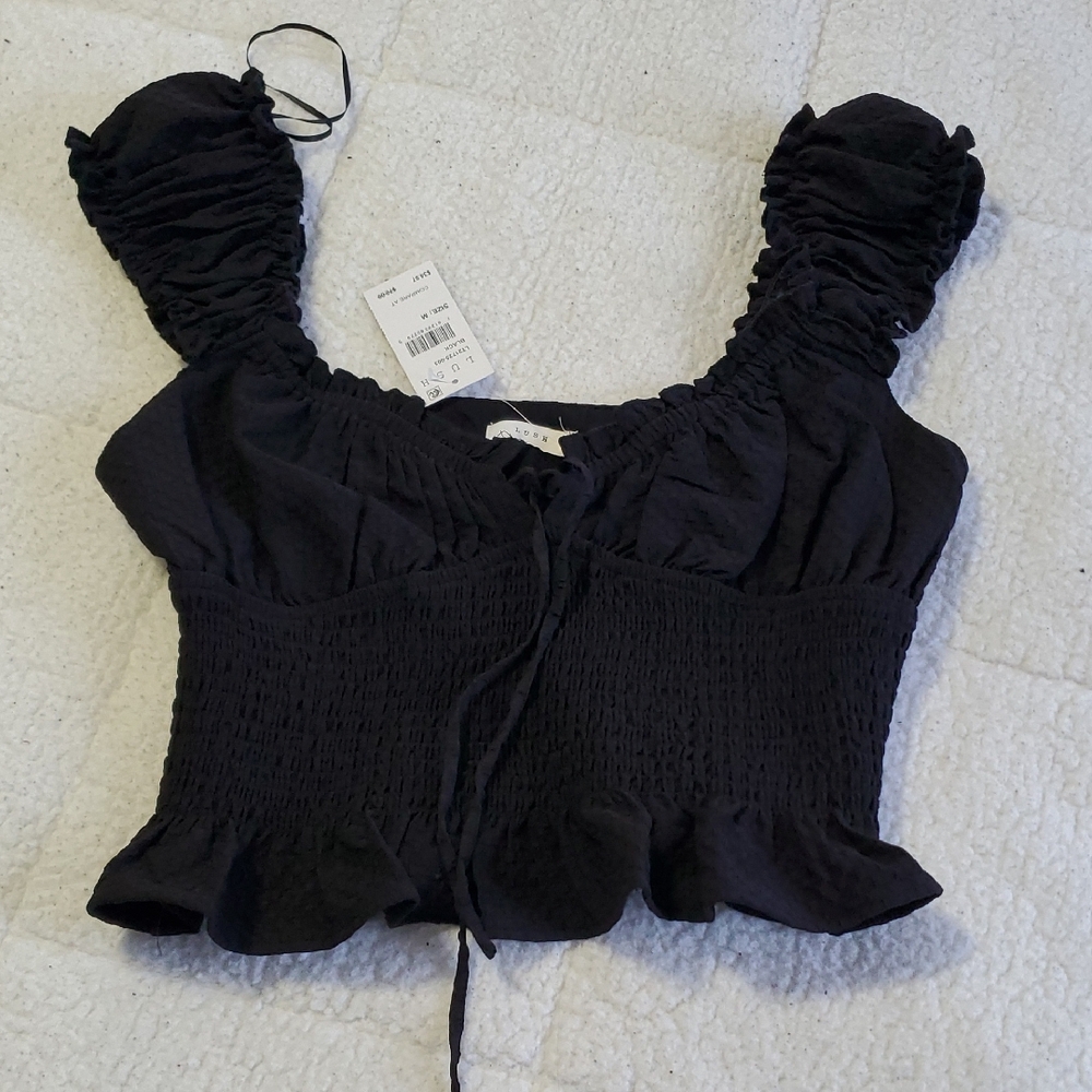 Smocked Ruffle Crop Top - Black